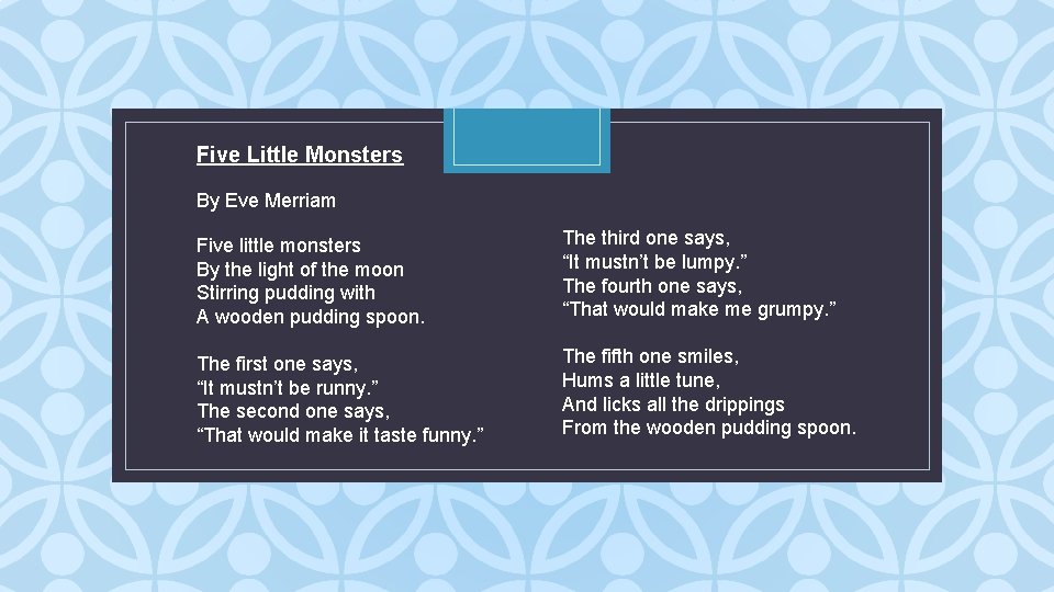 Five Little Monsters By Eve Merriam Five little monsters By the light of the