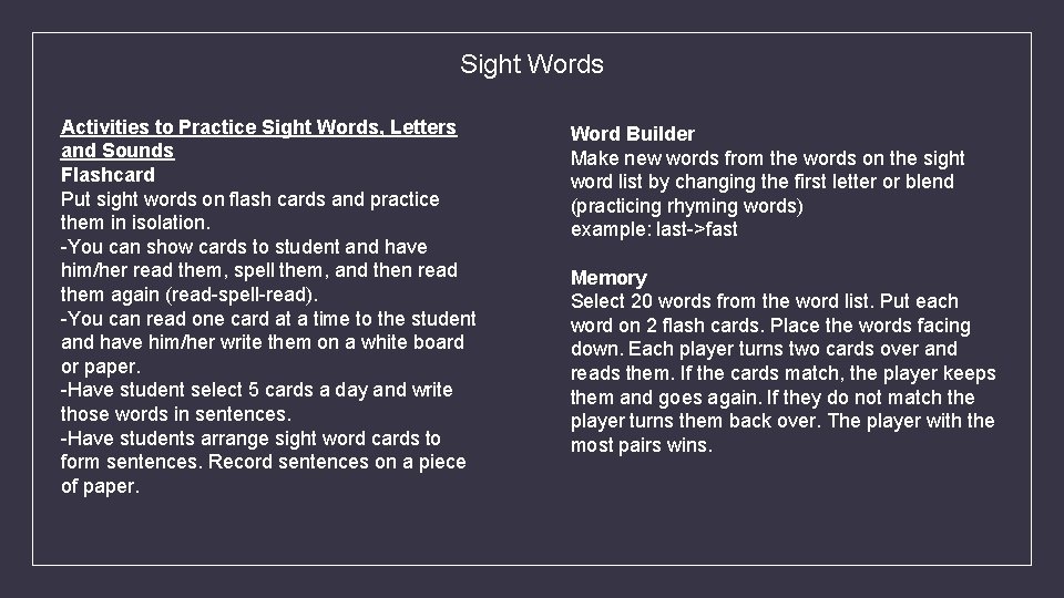 Sight Words Activities to Practice Sight Words, Letters and Sounds Flashcard Put sight words