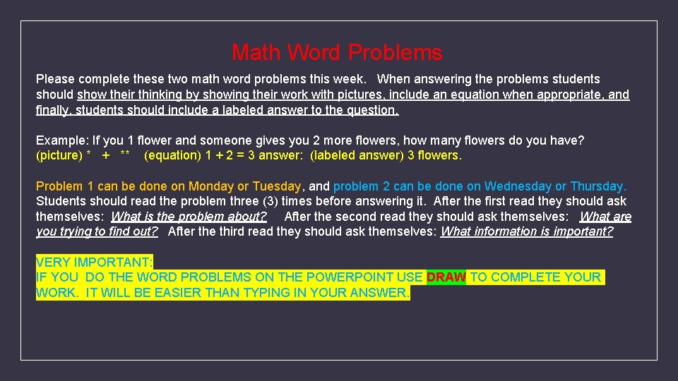 Math Word Problems Please complete these two math word problems this week. When answering
