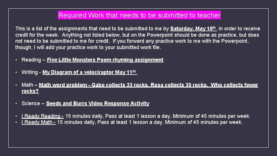Required Work that needs to be submitted to teacher This is a list of