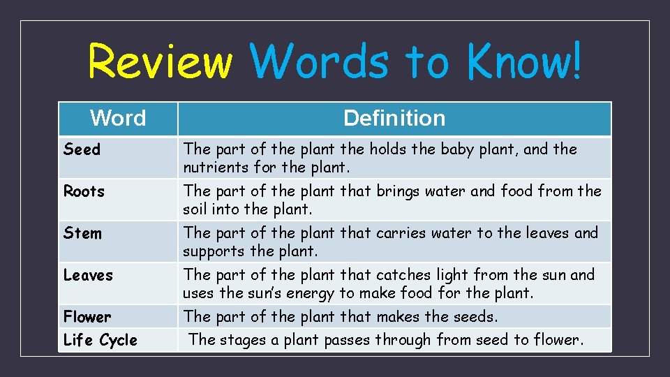 Review Words to Know! Word Definition Seed The part of the plant the holds