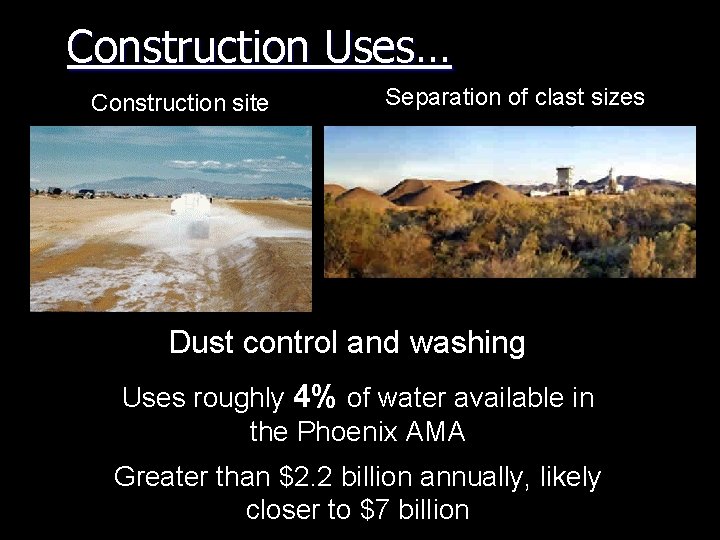 Construction Uses… Construction site Separation of clast sizes Dust control and washing Uses roughly