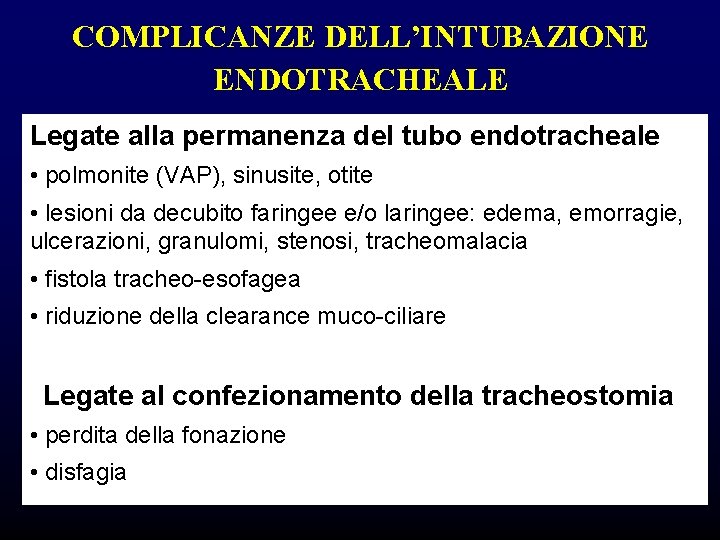 COMPLICANZE DELL’INTUBAZIONE ENDOTRACHEALE Legate alla permanenza del tubo endotracheale • polmonite (VAP), sinusite, otite COMPLICANZE DELL’INTUBAZIONE ENDOTRACHEALE Legate alla permanenza del tubo endotracheale • polmonite (VAP), sinusite, otite