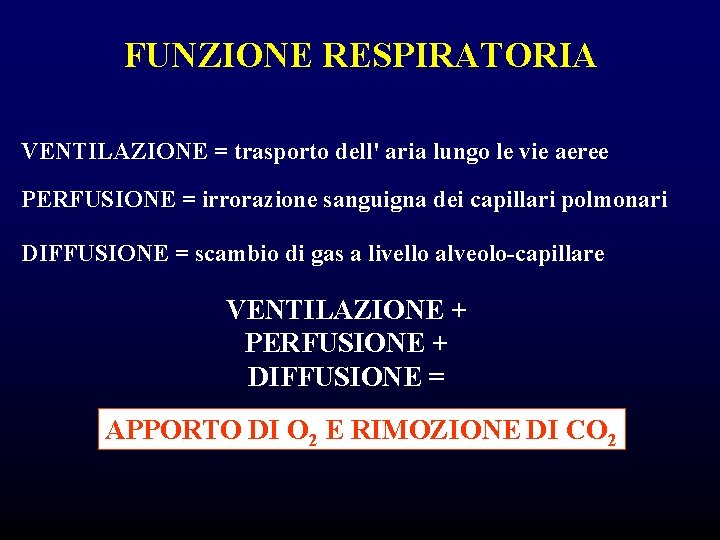 FUNZIONE RESPIRATORIA VENTILAZIONE = trasporto dell' aria lungo le vie aeree PERFUSIONE = irrorazione FUNZIONE RESPIRATORIA VENTILAZIONE = trasporto dell' aria lungo le vie aeree PERFUSIONE = irrorazione
