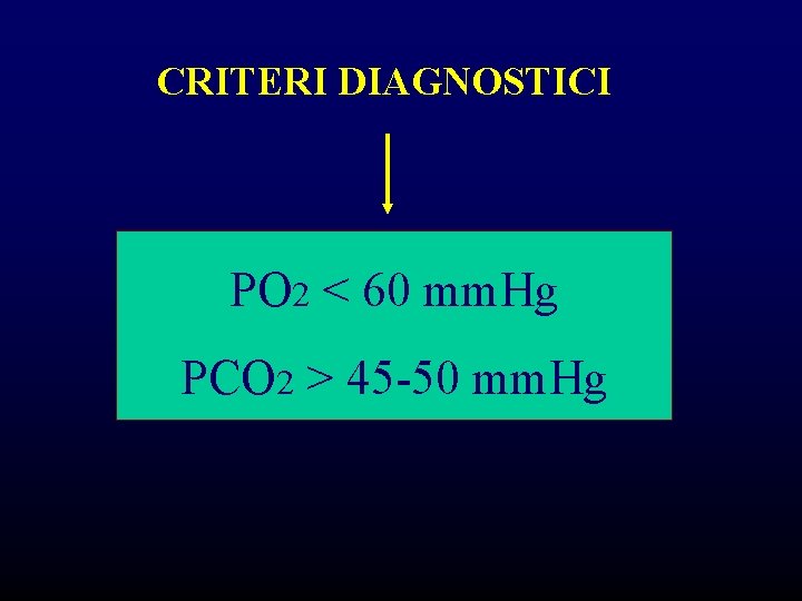 CRITERI DIAGNOSTICI PO 2 < 60 mm. Hg PCO 2 > 45 -50 mm. CRITERI DIAGNOSTICI PO 2 < 60 mm. Hg PCO 2 > 45 -50 mm.