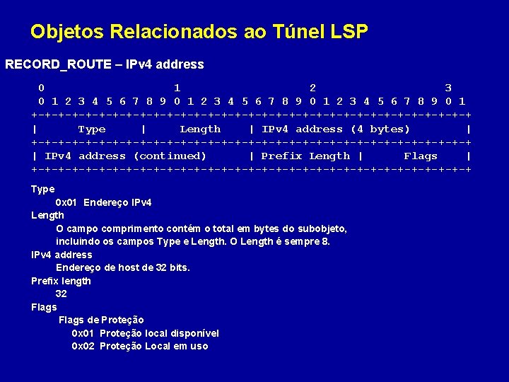 Objetos Relacionados ao Túnel LSP RECORD_ROUTE – IPv 4 address 0 1 2 3