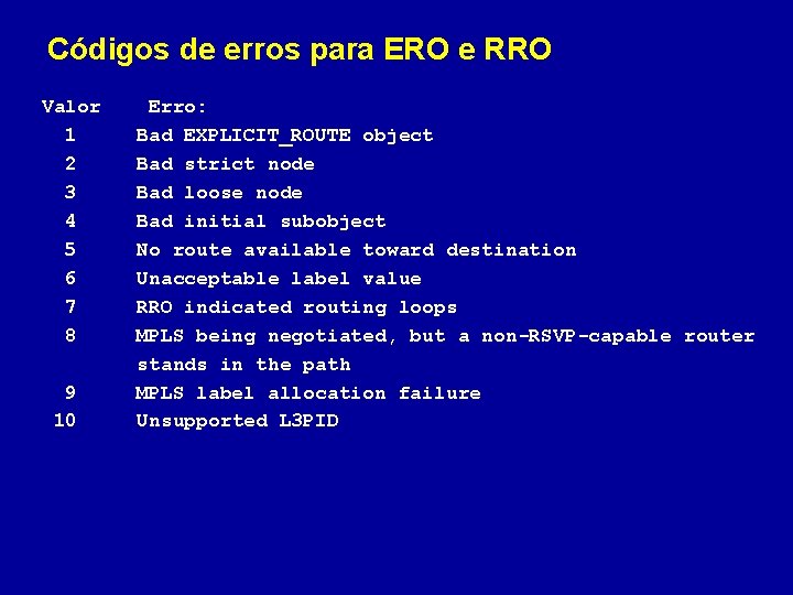 Códigos de erros para ERO e RRO Valor 1 2 3 4 5 6