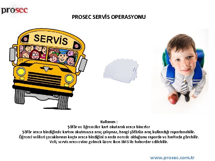 PROSEC SERVİS OPERASYONU Kullanım : Şöför ve öğrenciler kart okutarak araca binerler Şöför araca