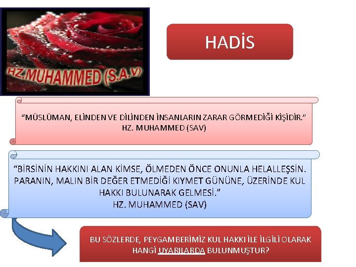 HADİS “MÜSLÜMAN, ELİNDEN VE DİLİNDEN İNSANLARIN ZARAR GÖRMEDİĞİ KİŞİDİR. ” HZ. MUHAMMED (SAV) “BİRSİNİN