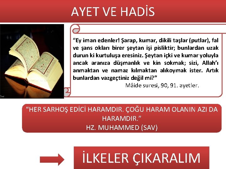 AYET VE HADİS “Ey iman edenler! Şarap, kumar, dikili taşlar (putlar), fal ve şans