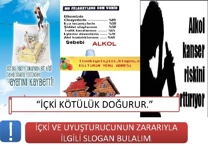 “İÇKİ KÖTÜLÜK DOĞURUR. ” ! İÇKİ VE UYUŞTURUCUNUN ZARARIYLA İLGİLİ SLOGAN BULALIM. 