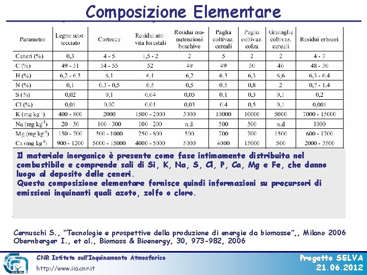 Composizione Elementare Il materiale inorganico è presente come fase intimamente distribuita nel combustibile e