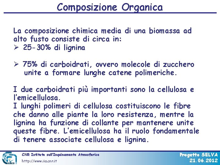 Composizione Organica La composizione chimica media di una biomassa ad alto fusto consiste di