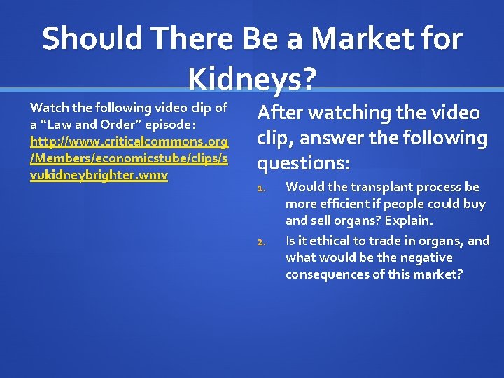 Should There Be a Market for Kidneys? Watch the following video clip of a