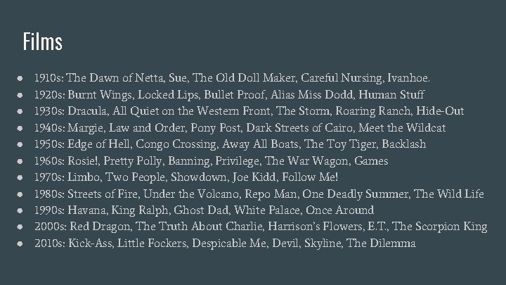 Films ● ● ● 1910 s: The Dawn of Netta, Sue, The Old Doll