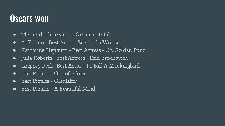 Oscars won ● ● ● ● The studio has won 21 Oscars in total