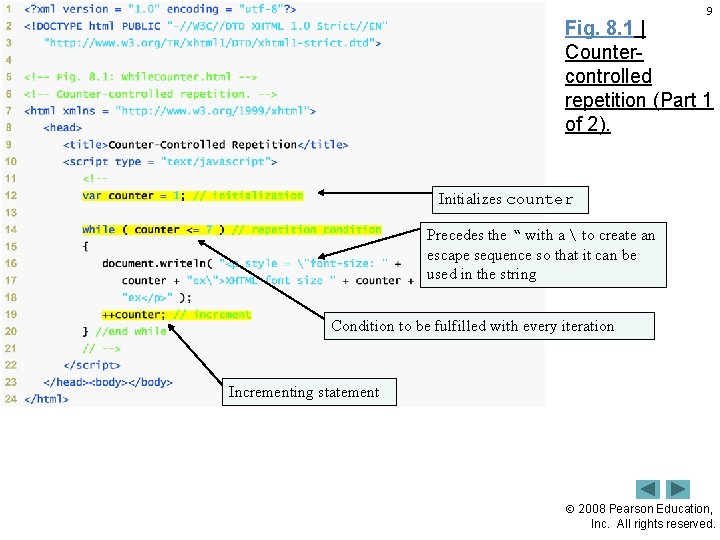 9 Fig. 8. 1 | Countercontrolled repetition (Part 1 of 2). Initializes counter Precedes