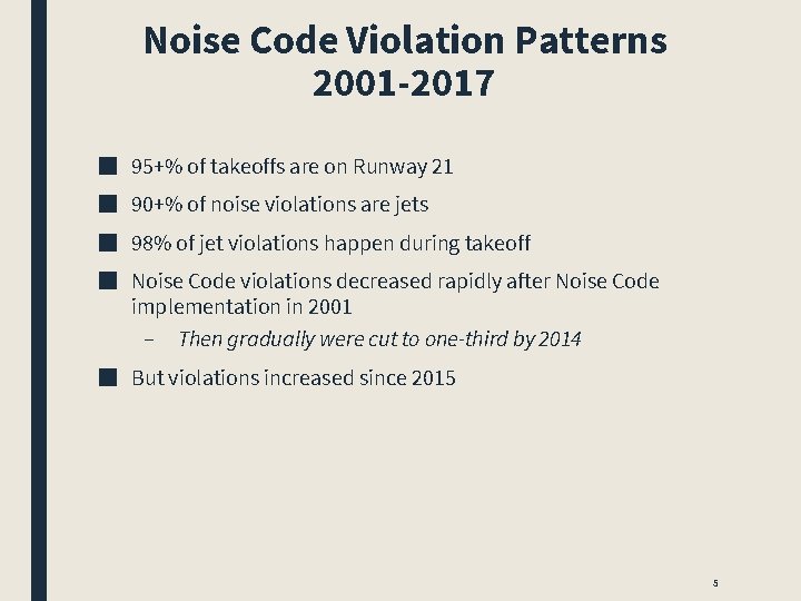Noise Code Violation Patterns 2001 -2017 ■ 95+% of takeoffs are on Runway 21 Noise Code Violation Patterns 2001 -2017 ■ 95+% of takeoffs are on Runway 21