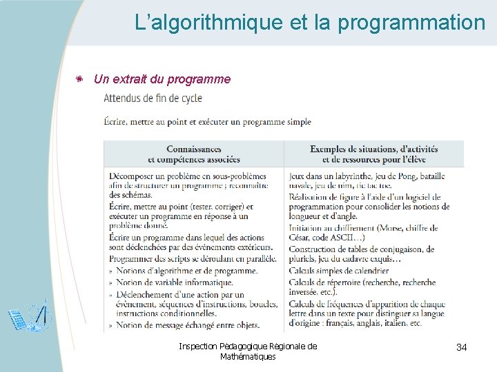 L’algorithmique et la programmation Un extrait du programme Inspection Pédagogique Régionale de Mathématiques 34