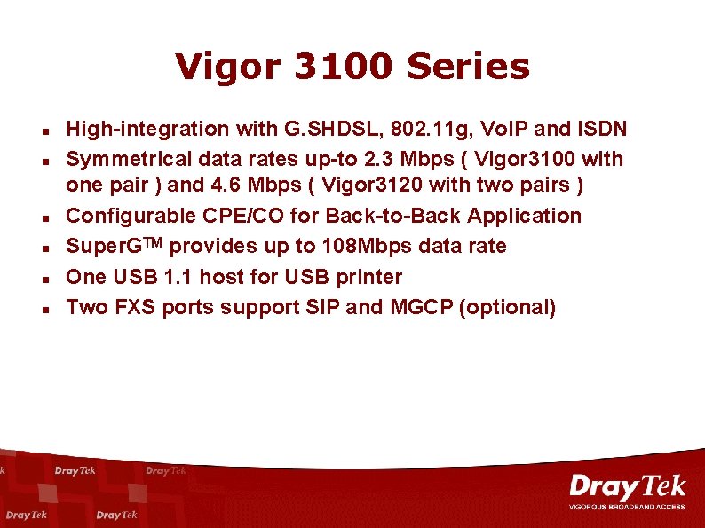 Vigor 3100 Series n n n High-integration with G. SHDSL, 802. 11 g, Vo.