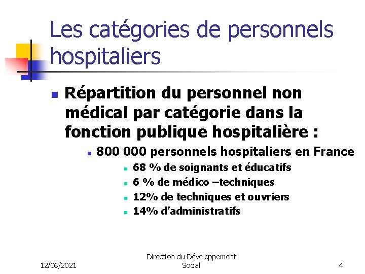 Les catégories de personnels hospitaliers n Répartition du personnel non médical par catégorie dans