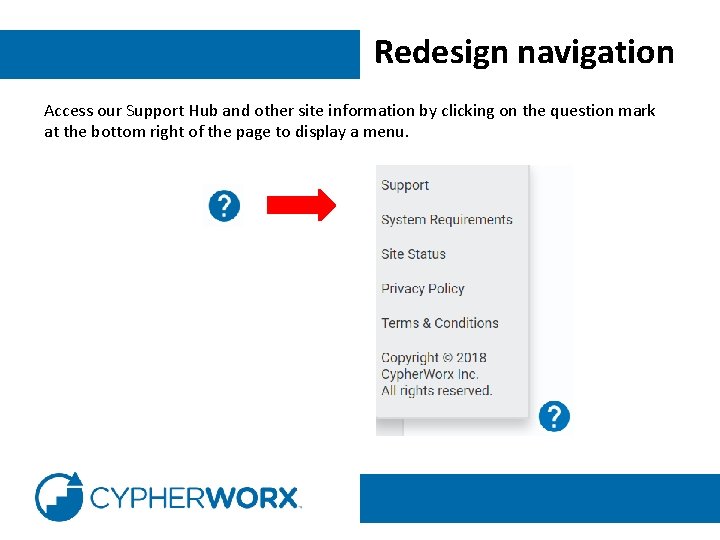 Redesign navigation Access our Support Hub and other site information by clicking on the