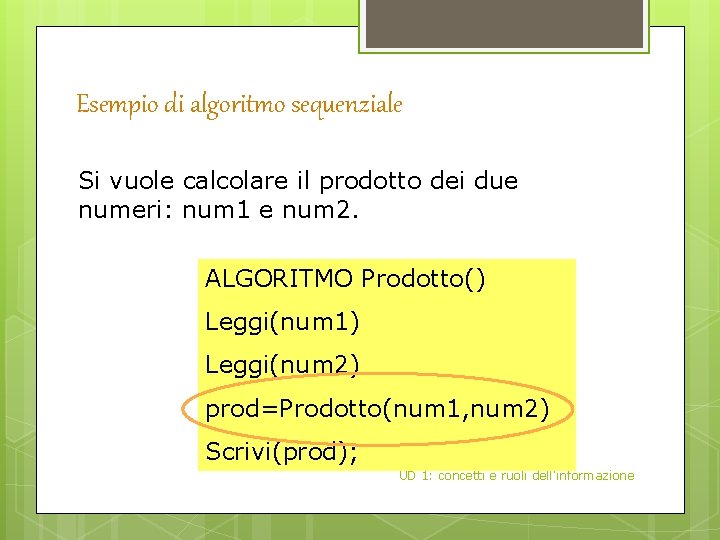 Esempio di algoritmo sequenziale Si vuole calcolare il prodotto dei due numeri: num 1