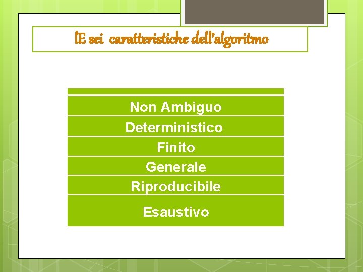 l. E sei caratteristiche dell’algoritmo Non Ambiguo Deterministico Finito Generale Riproducibile Esaustivo 