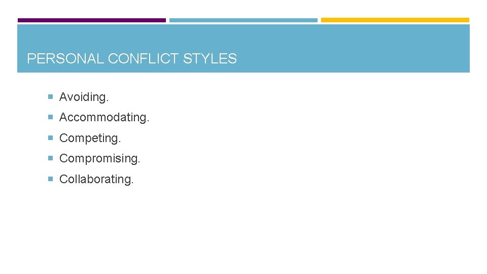 PERSONAL CONFLICT STYLES Avoiding. Accommodating. Competing. Compromising. Collaborating. 