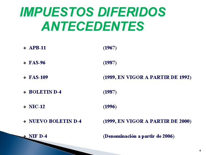 IMPUESTOS DIFERIDOS ANTECEDENTES v APB-11 (1967) v FAS-96 (1987) v FAS-109 (1989, EN VIGOR