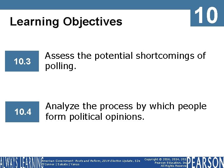 10 Learning Objectives 10. 3 Assess the potential shortcomings of polling. 10. 4 Analyze