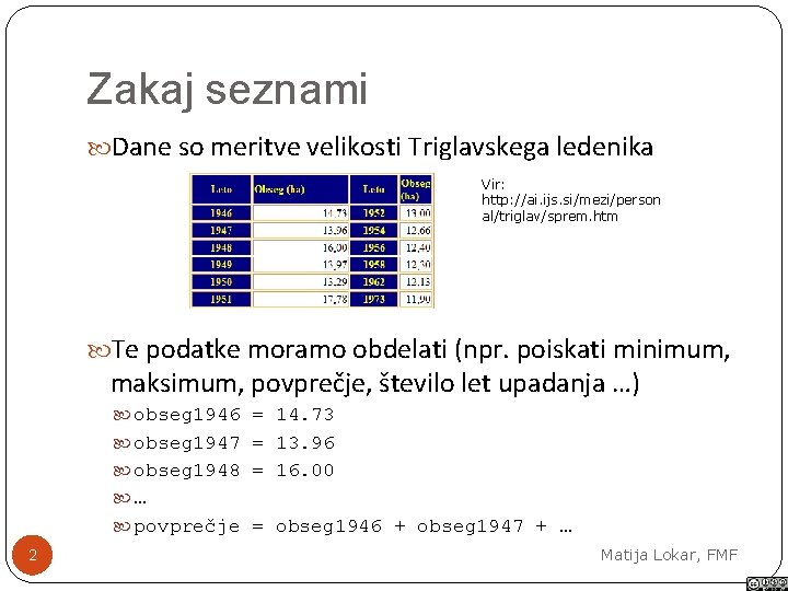 Zakaj seznami Dane so meritve velikosti Triglavskega ledenika Vir: http: //ai. ijs. si/mezi/person al/triglav/sprem.