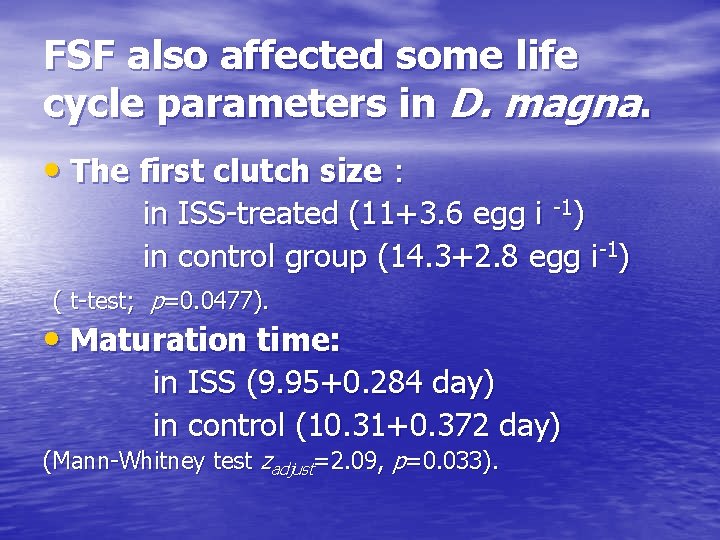 FSF also affected some life cycle parameters in D. magna. • The first clutch