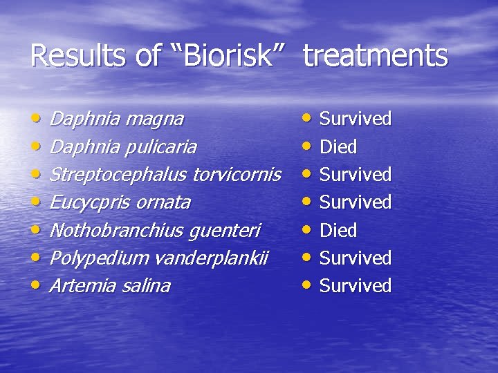 Results of “Biorisk” treatments • Daphnia magna • Daphnia pulicaria • Streptocephalus torvicornis •