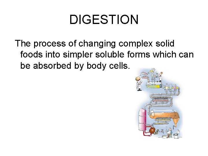 DIGESTION The process of changing complex solid foods