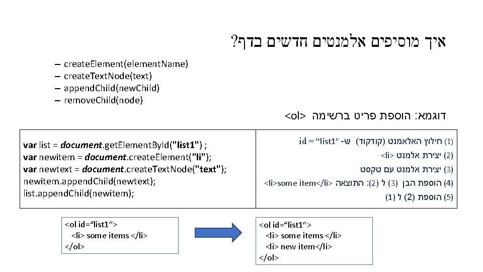 ? איך מוסיפים אלמנטים חדשים בדף – – create. Element(element. Name) create. Text. Node(text)