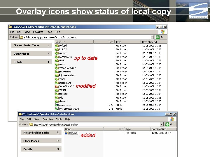 Overlay icons show status of local copy up to date modified added 