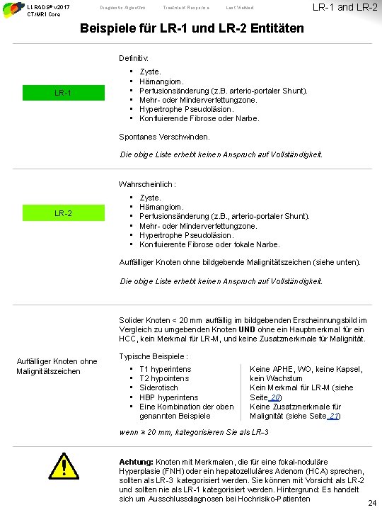 LI-RADS® v 2017 CT/MRI Core Diagnostic Algorithm Treatment Response Last Viewed LR-1 and LR-2