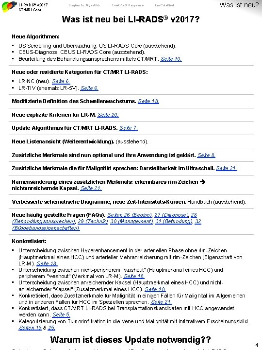 LI-RADS® v 2017 CT/MRI Core Diagnostic Algorithm Treatment Response Last Viewed Was ist neu?