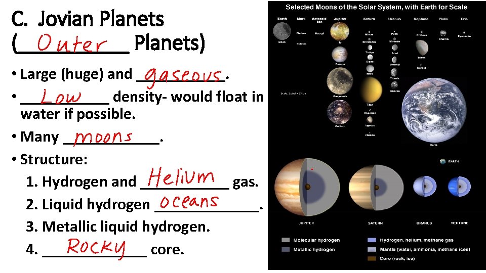 C. Jovian Planets (_____ Planets) • Large (huge) and ______. • ______ density- would