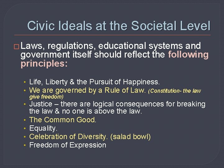 Civic Ideals at the Societal Level � Laws, regulations, educational systems and government itself