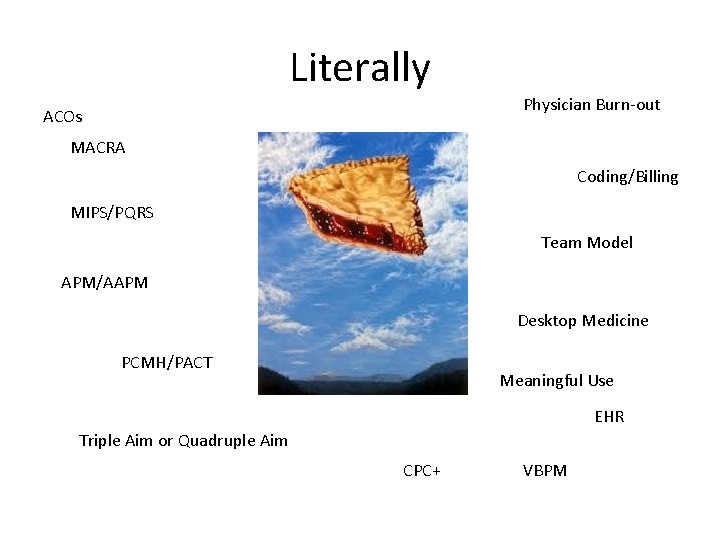 Literally Physician Burn-out ACOs MACRA Coding/Billing MIPS/PQRS Team Model APM/AAPM Desktop Medicine PCMH/PACT Meaningful