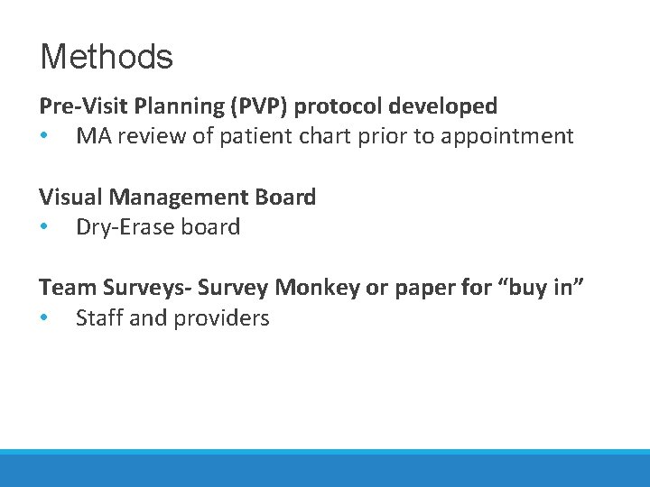 Methods Pre-Visit Planning (PVP) protocol developed • MA review of patient chart prior to