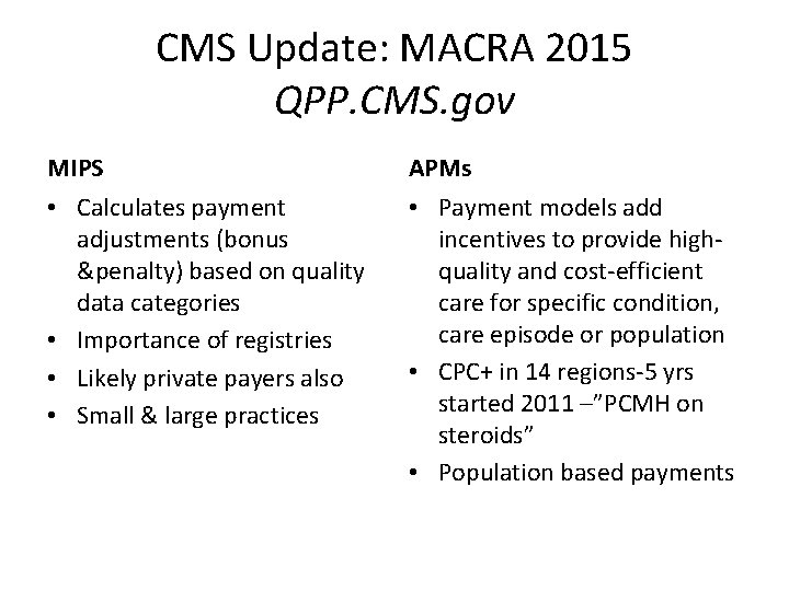 CMS Update: MACRA 2015 QPP. CMS. gov MIPS APMs • Calculates payment adjustments (bonus