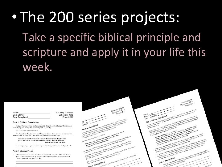  • The 200 series projects: Take a specific biblical principle and scripture and