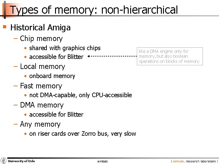 Types of memory: non-hierarchical § Historical Amiga − Chip memory • shared with graphics