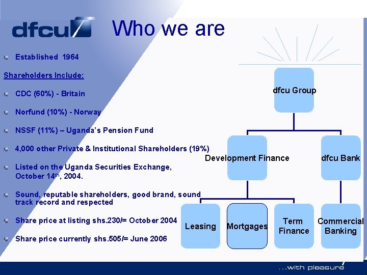 Who we are Established 1964 Shareholders Include: dfcu Group CDC (60%) - Britain Norfund
