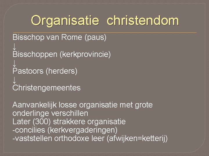 Organisatie christendom Bisschop van Rome (paus) ↓ Bisschoppen (kerkprovincie) ↓ Pastoors (herders) ↓ Christengemeentes