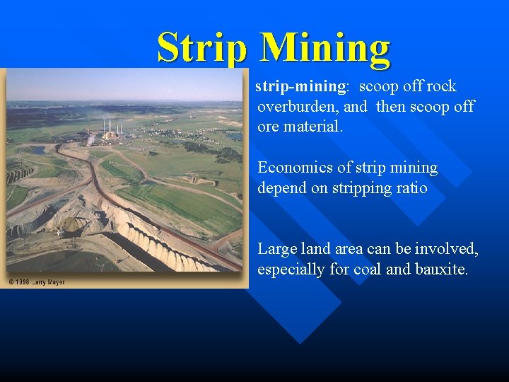 Strip Mining strip-mining: scoop off rock overburden, and then scoop off ore material. • Strip Mining strip-mining: scoop off rock overburden, and then scoop off ore material. •