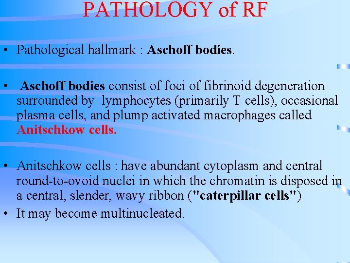 PATHOLOGY of RF • Pathological hallmark : Aschoff bodies. • Aschoff bodies consist of